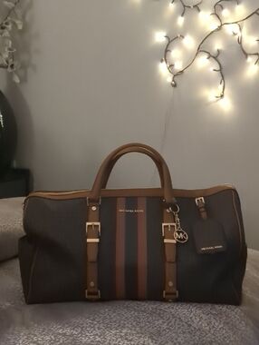 Michael Kors Brown & Black Stripe Logo Travel Duffle